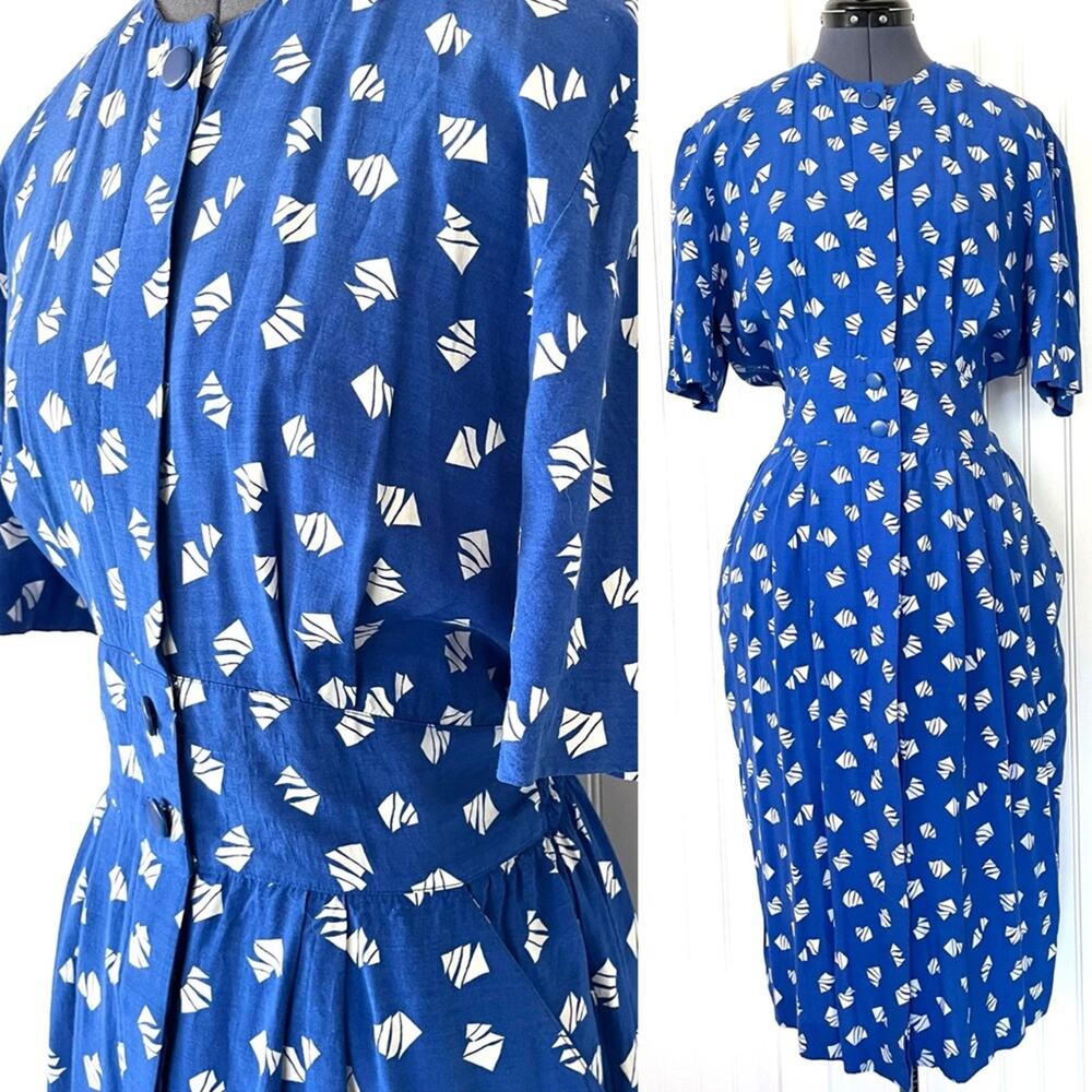 Vintage Blue and White Dress Sailboat Abstract Pattern Fit and Flare Button Down
